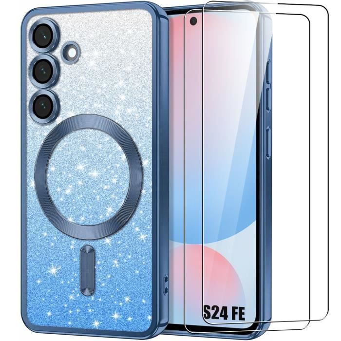 Coque et 2 verres trempés pour samsung galaxy s24 fe, silicone avec protection objectif et cercle magnétique - bleu pailleté
