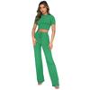 European and American Women's Fashion: Solid Color High-Elastic Shaping Rib-Knit Short-Sleeve Top & Wide-Leg Pants Two-Piece Set.
