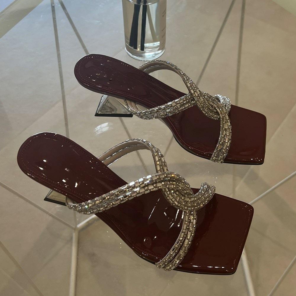 With stiletto sandals square head high heels temperament black medium shoes women's summer French one-word drag simple new outer wear