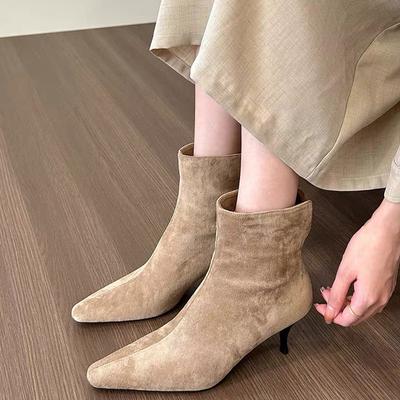 Sapatos de Salto Alto Botins de Tornozelo Femininos Camurça Bico Fino Sapatos de Designer Sapatos Femininos Tendência 2024 Novos Sapatos de Festa Scarpins Vestido Femme Zapatos