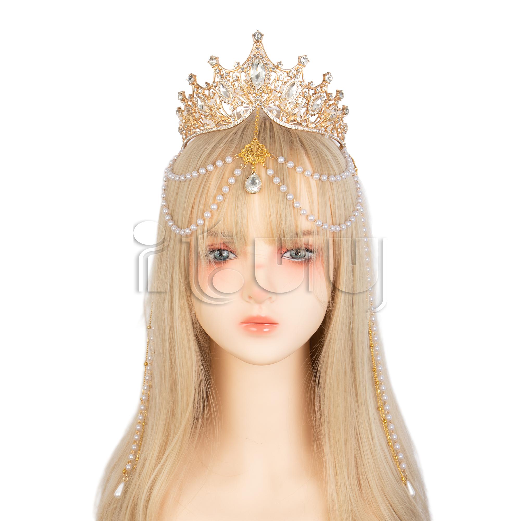 

Gold Crown Gothic Headdress Gorgeous Chain Pearl Pendant Lolita Queen Crown Crystal Dance Headpiece Wedding Bride Headband Gift