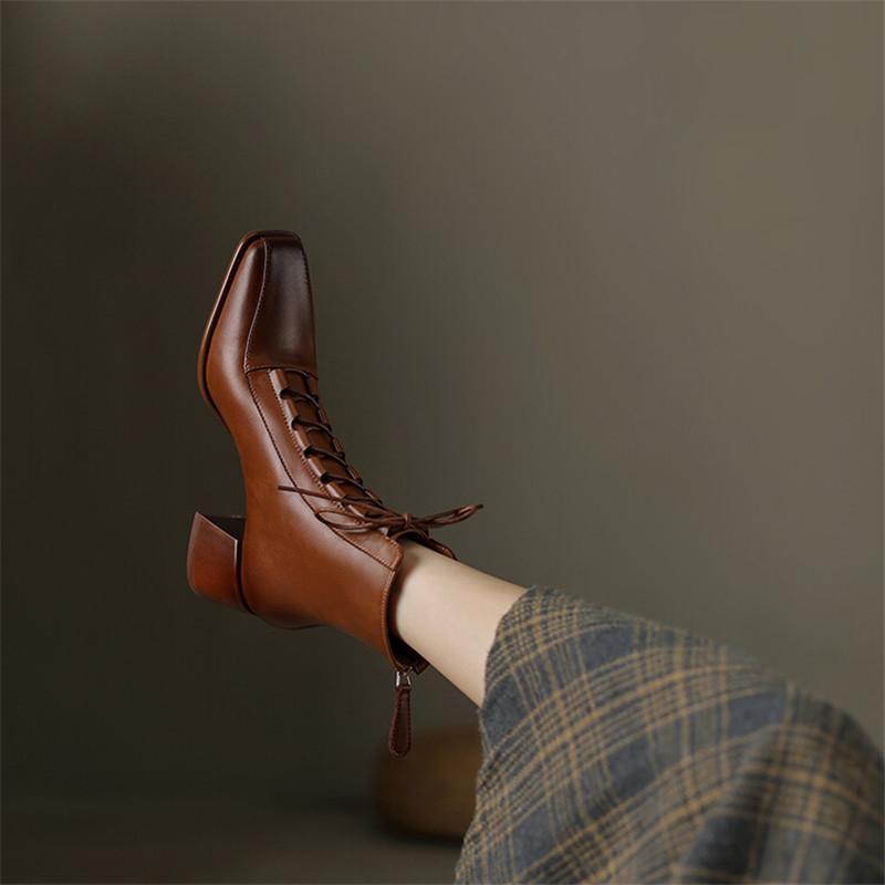 Fashion 2025 Autumn Women Boots Square Toe Back Zipper Women Shoes Chunky Heels Shoes for Women High Heel Boots Vintage Leather Shoes