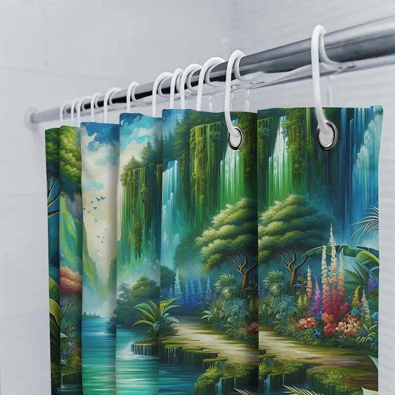 Fantasy Forest Shower Curtain Waterproof Bath Decoration Green Leaves Flowers Print 180x240cm (B36)