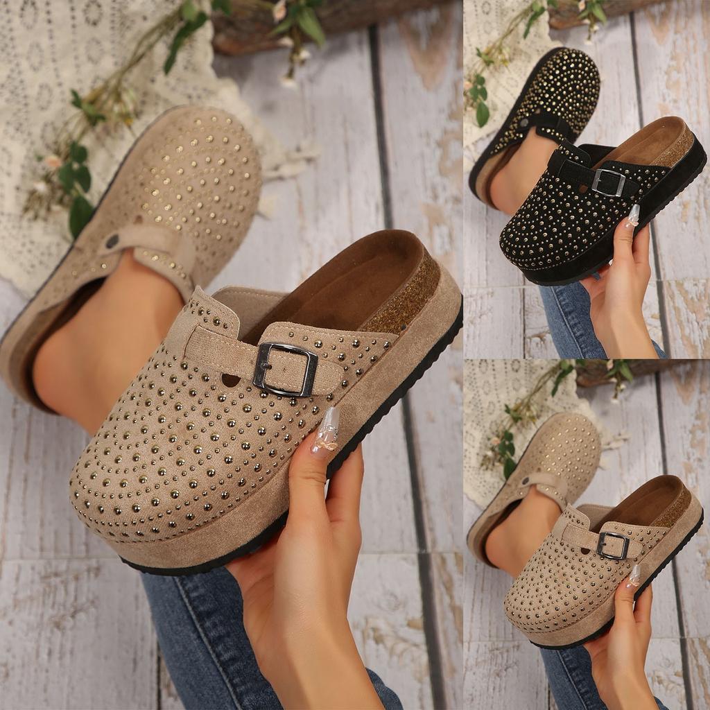 Damskie Sandały na Koturnie Okrągły Nosek Zamszowe Klapki Skórzane Mule Korkowe Z Podparciem Łuku Kamienie Dekoracyjne Bohemian Kapcie