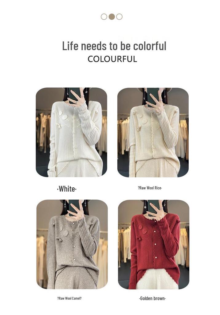 Women's Embroidered Round Neck Cardigan - Pure Wool Knitwear, Stylish Floral Long Sleeve Sweater for Autumn/Winter