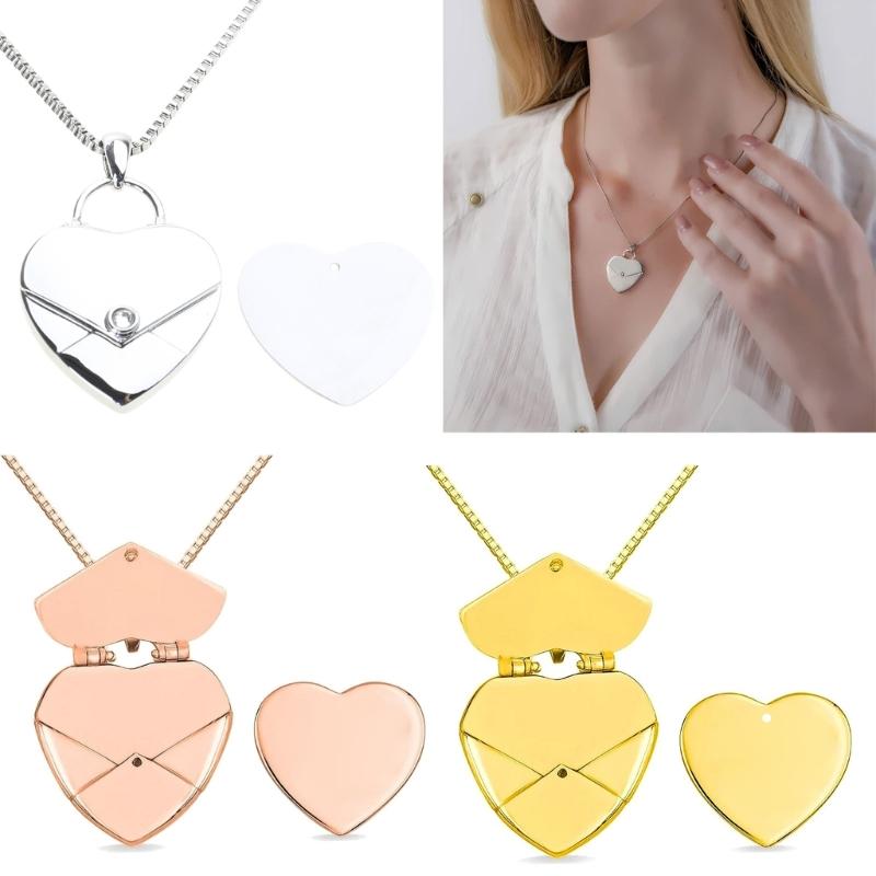 Envelope Love Letter Heart Necklace Stainless Steel Secret Gifts Message Engraved Jewelry Pendant for Couples and Family