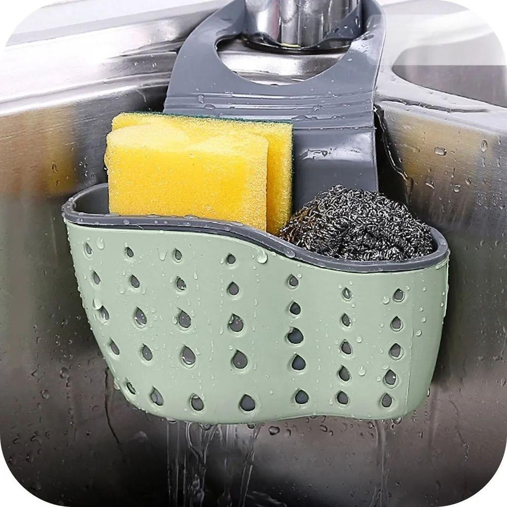 

Kitchen Sink Stand with Adjustable Push Button, Soap Dish, Sponge Holder and Hanging Storage Basket, Kitchen Sink Organizer зелений