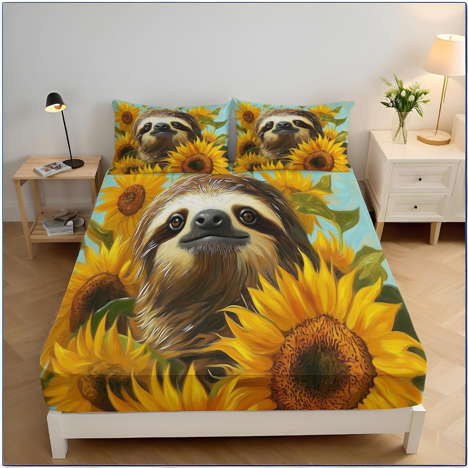 

Простыня на резинке «Ленивец и подсолнух», Постельное белье с животными, Декор комнаты от морщин и усадки для подростков, мальчиков, девочек, Набор постельного декора из 2 предметов 90x200cm