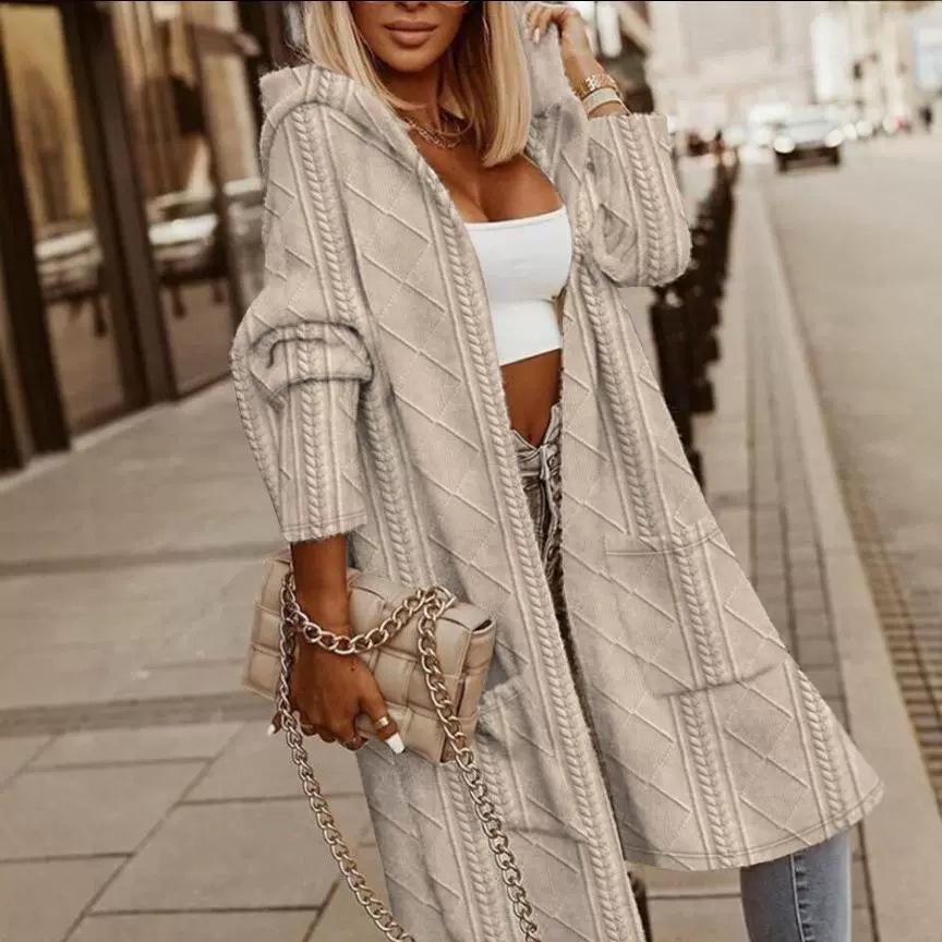 

Women s European & American Style Cable Knit Hooded Mid-Length Trench Coat L