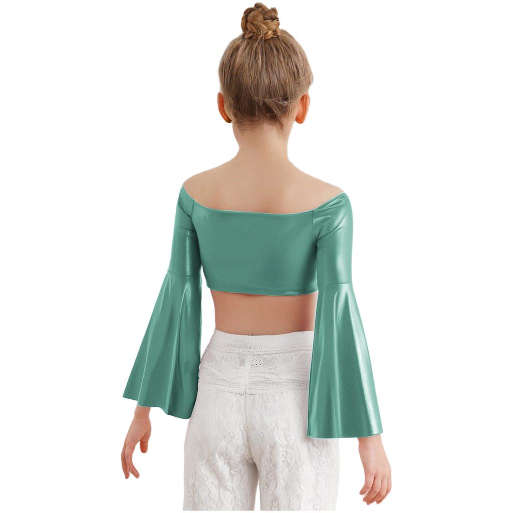 Flickors Prestanda Crop Top Lång Utställd Ärm Off Shoulder Metallisk Design Födelsedagsfest Toppar