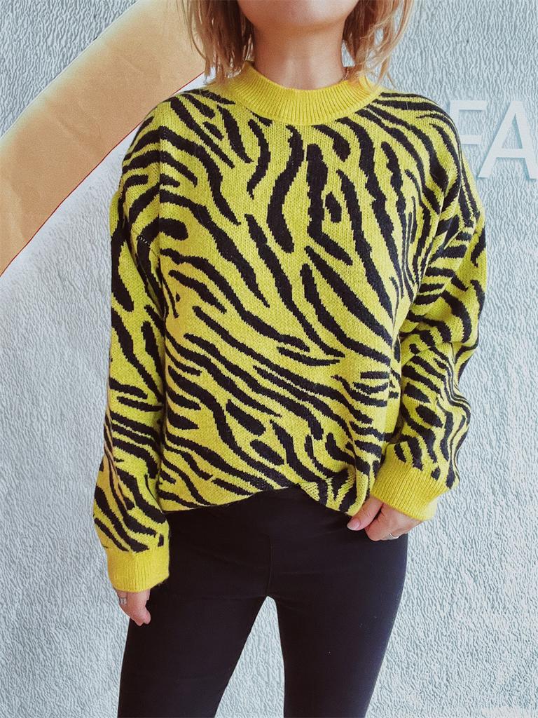 Women's new autumn and winter commuting knitted zebra print contrasting pullover sweater KTB