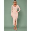 Women Ribbed Knit Midi Dress, V‑Neck Long Sleeve Bodycon Slim Fit Front Slit Elegant Party Cocktail Evening Club Formal Dresses