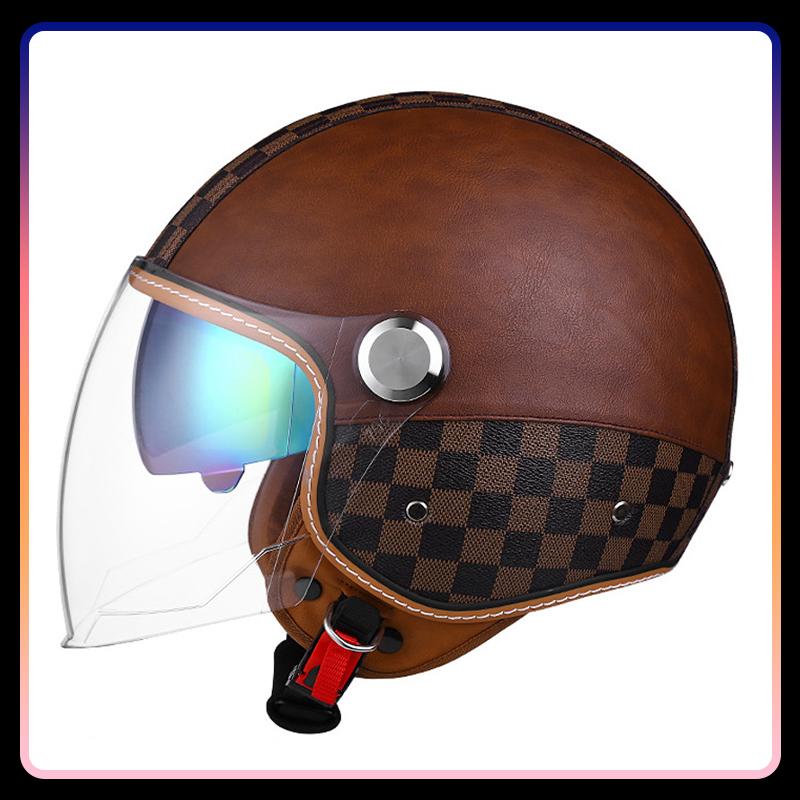 Daul Lens Open Face Motorcycle Helmets Leather Retro 3/4 Jet Moto Helmet with Double Visor Safety Riding 3/4 Half Helm DOT