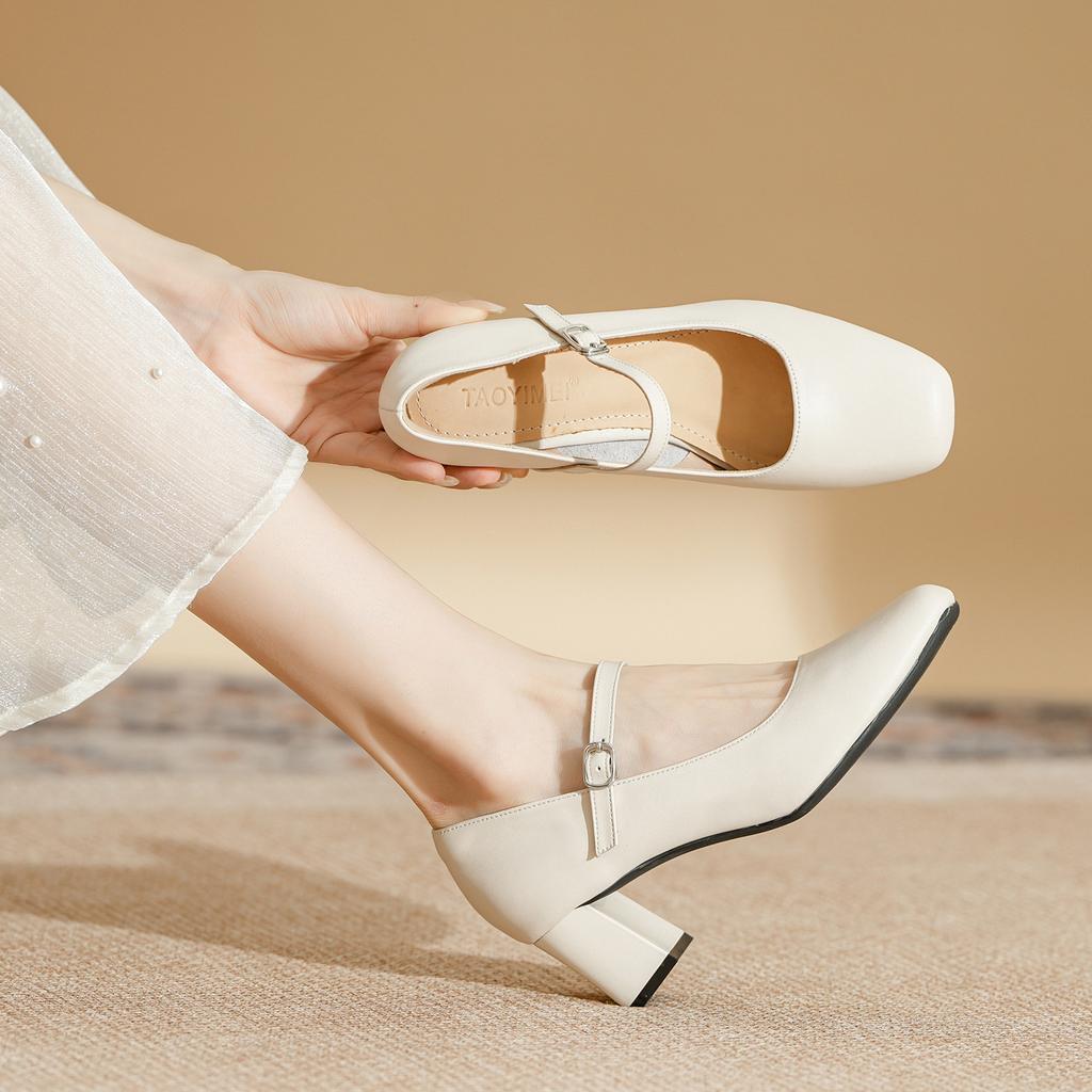 Leather square head shallow mouth high heels women's one-word buckle Mary Jane women's shoes with skirt spring and autumn French thick heel sing