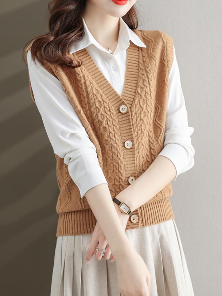 Dámská elegantní polyesterová pletená vesta | Svetrová vesta s copánkovým vzorem a výstřihem do V | Jednobarevné pletené oblečení bez rukávů | Módní top pro vrstvení na podzim/zimu