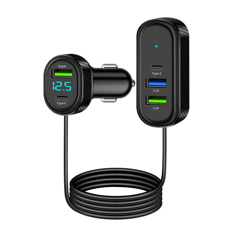 5-Ports 100W USB Type-C Front And Rear Extension Car Charger With 1.5M Extension Cable Fast Charging Power Adapter For Phone