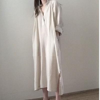 Koreanischer Schicker Lockere Fauler Stil Nische Baumwoll Leinen Hemdkleid Damen Mittellang V-Ausschnitt Knielang Weißes Kleid