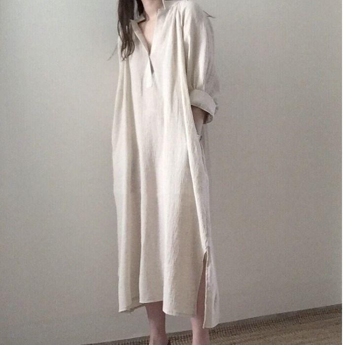Korean Chic Loose Lazy Style Niche Cotton Linen Shirt Dress Women's Mid-Length V-Neck Knee-Length White Dress