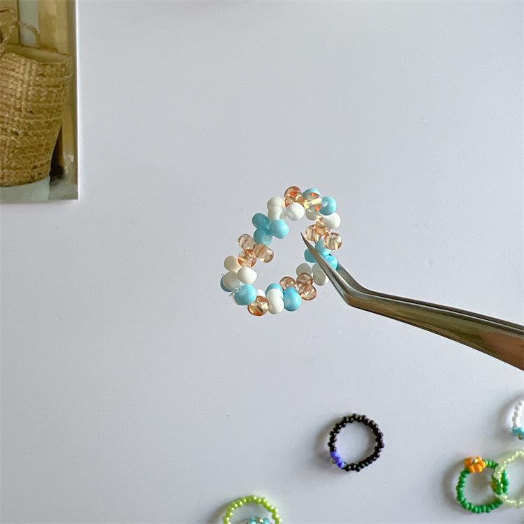 2025 Summer Macaron Color Beaded Flower Ring - Korean Porcelain Women's Jewelry