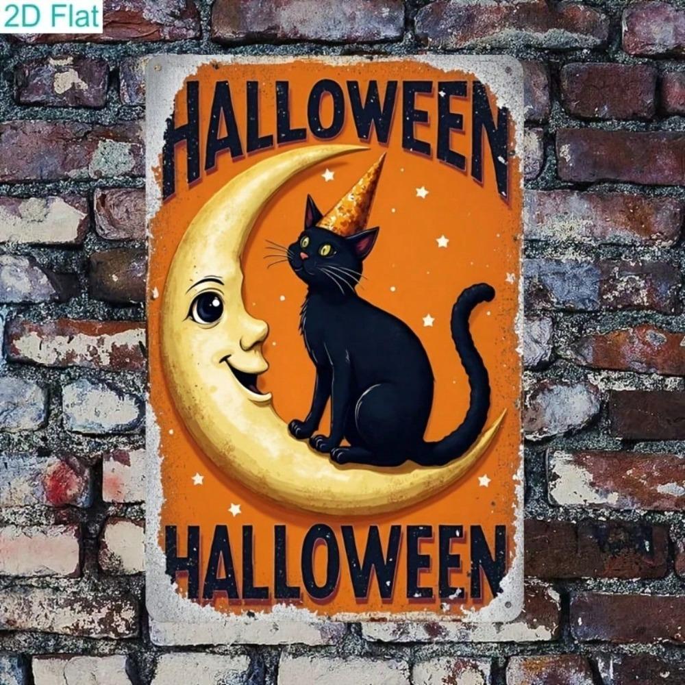 Vintage Halloween Black Cat Moon Metal Tin Sign, 2D Flat Wall Decor for Home Bar Cafe Party