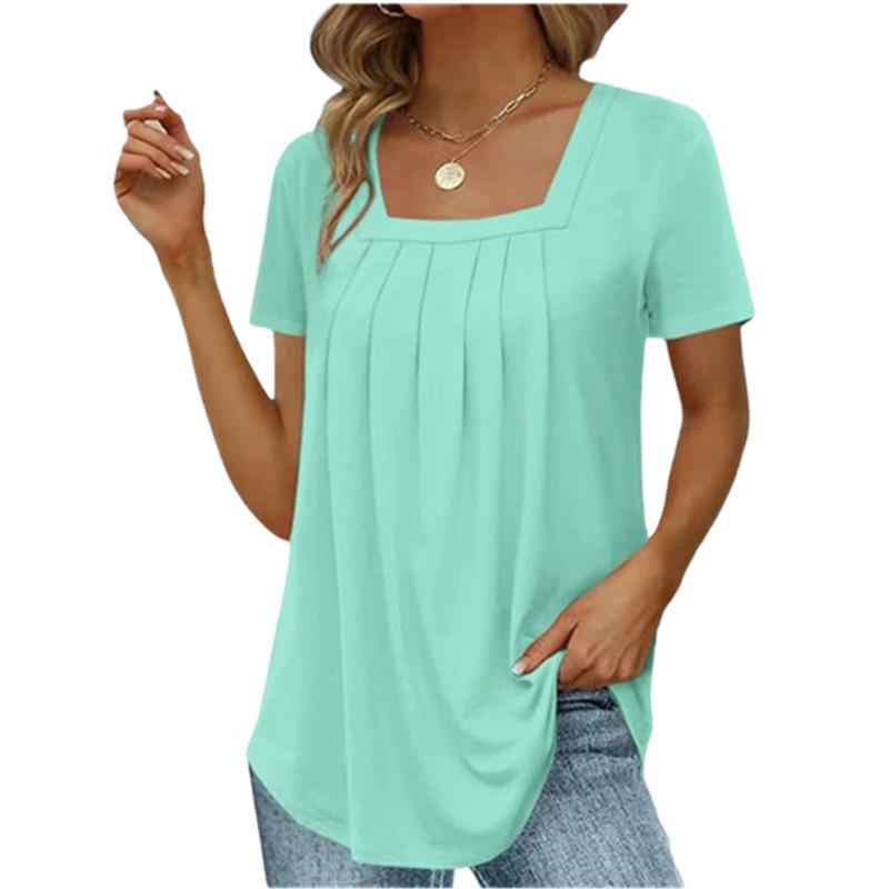 T-shirt Carré Plissé Élégant d'Été pour Femme Mode Décontracté Manches Courtes Hauts Amples Féminins Sexy pour le Travail Vêtements