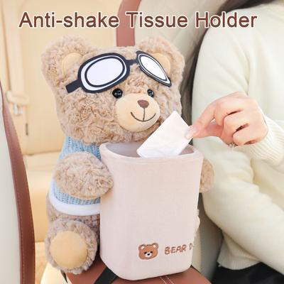 Trash Can with Tissue Box Design Plush Cute Bear Doll Waterproof Inner Bucket Car Armrest