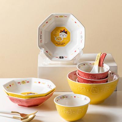 Japanese Tableware Ceramic Bowl Cute Cat Household Bowl Set Underglaze Irregular Plate Salad Bowl