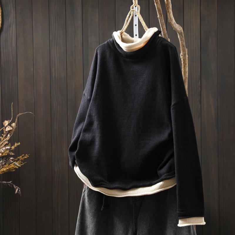 Women's Plus Size High Neck Patchwork Sweater - Winter Two-Piece Knitwear