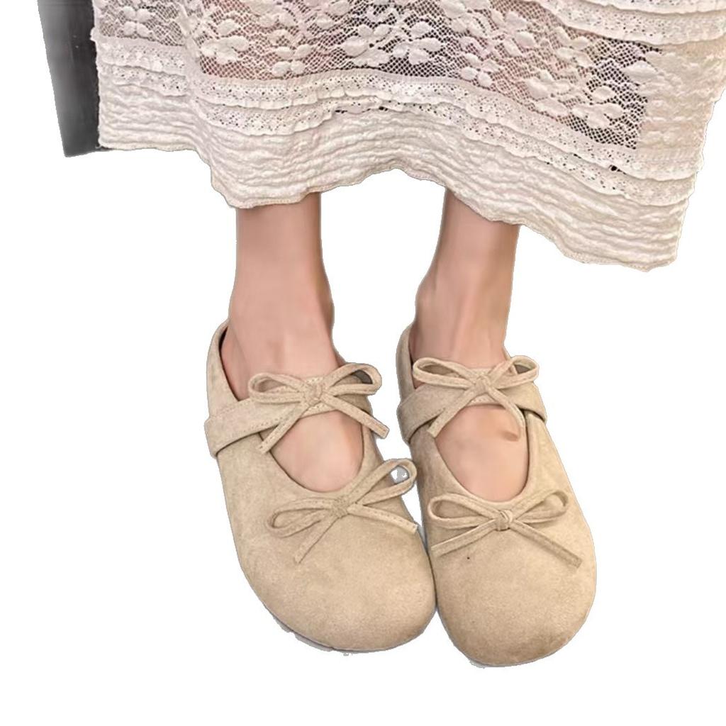 Double Bow Bag Head Slippers Women's 2025 Autumn New Fashion Casual Suede Flat Bottom Solid Color Half Drag Women