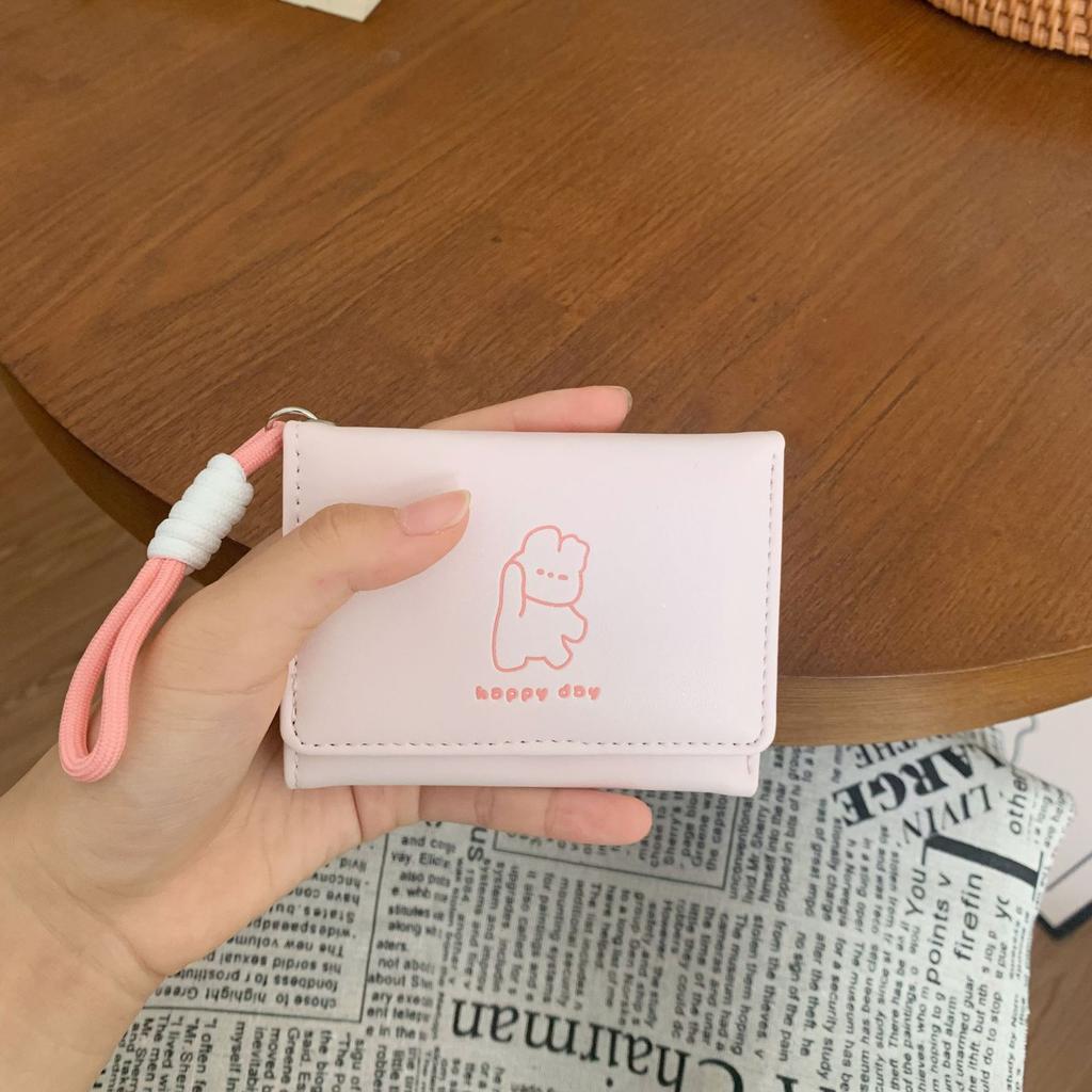 Bear Printed Wallet Ins Female Multifunctional Cute Student Storage Card Pack Triple Fold Lanyard Wallet