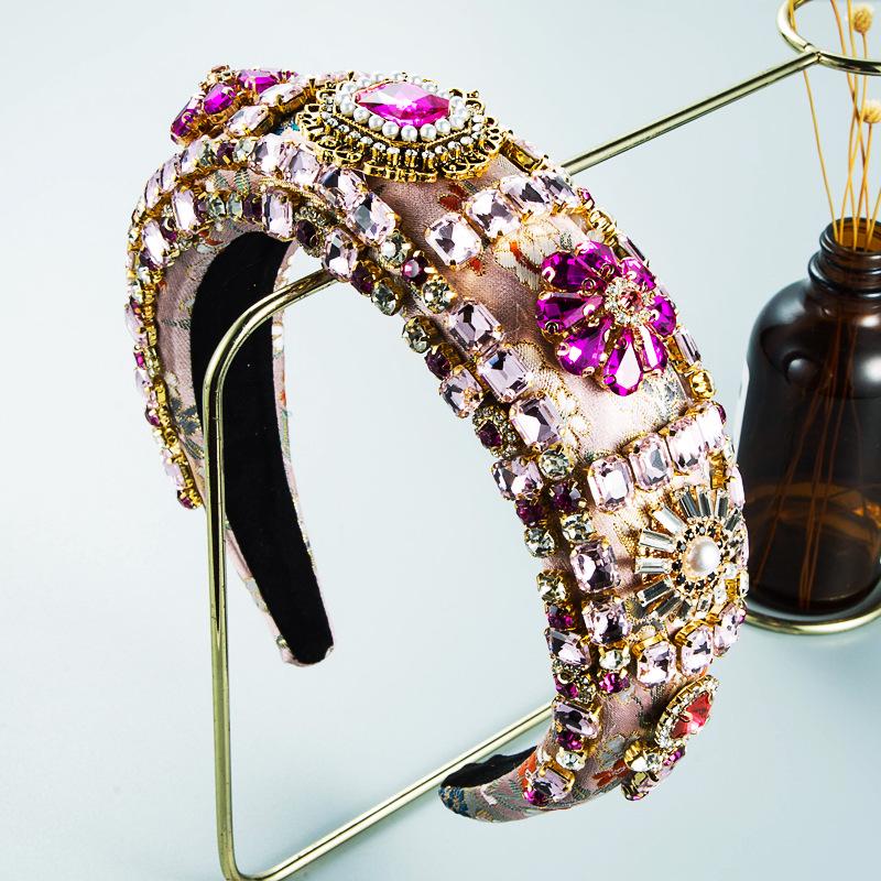 

Harmony Baroque Style Colorful Gemstone Embroidered Thick Headband розовый