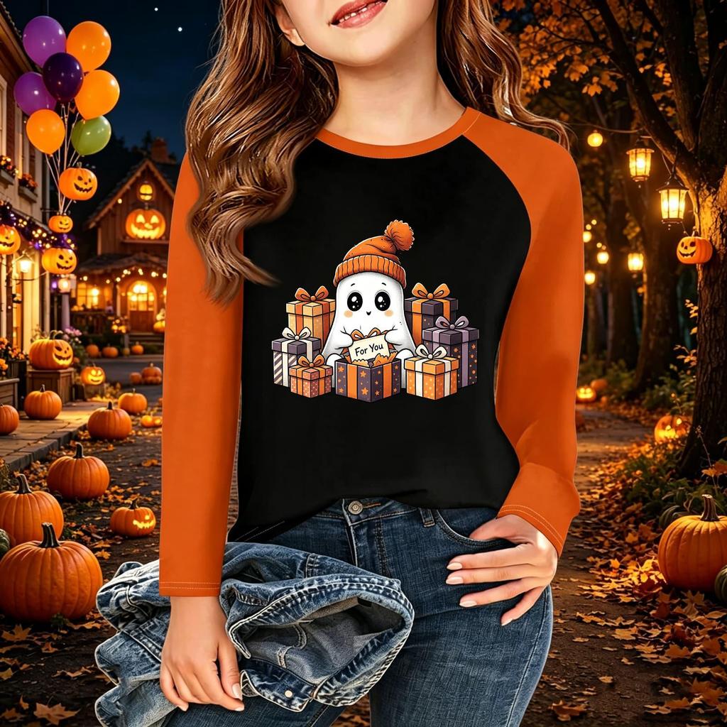 Kids' Halloween Printed Long Sleeve Neck T-Shirt for Casual Wear