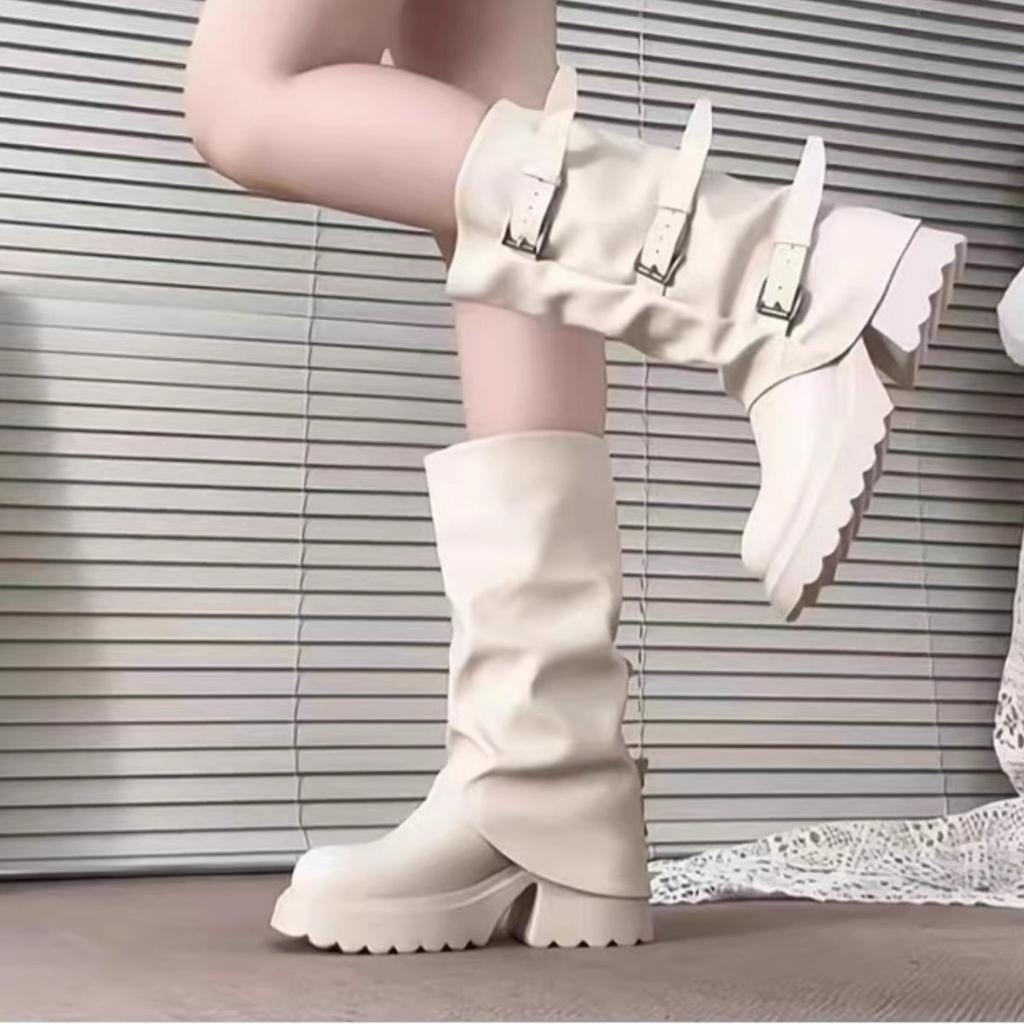 Wasteland Wind Brown High Heel Platform Knight Boots Women's Long Boots Martin Boots Wrinkled Tall Pile Long Boots