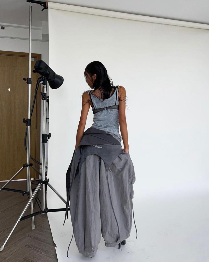 Women's American Street Grey Wide-Leg Scimitar Pants - Spring 2025 Sporty Casual Design