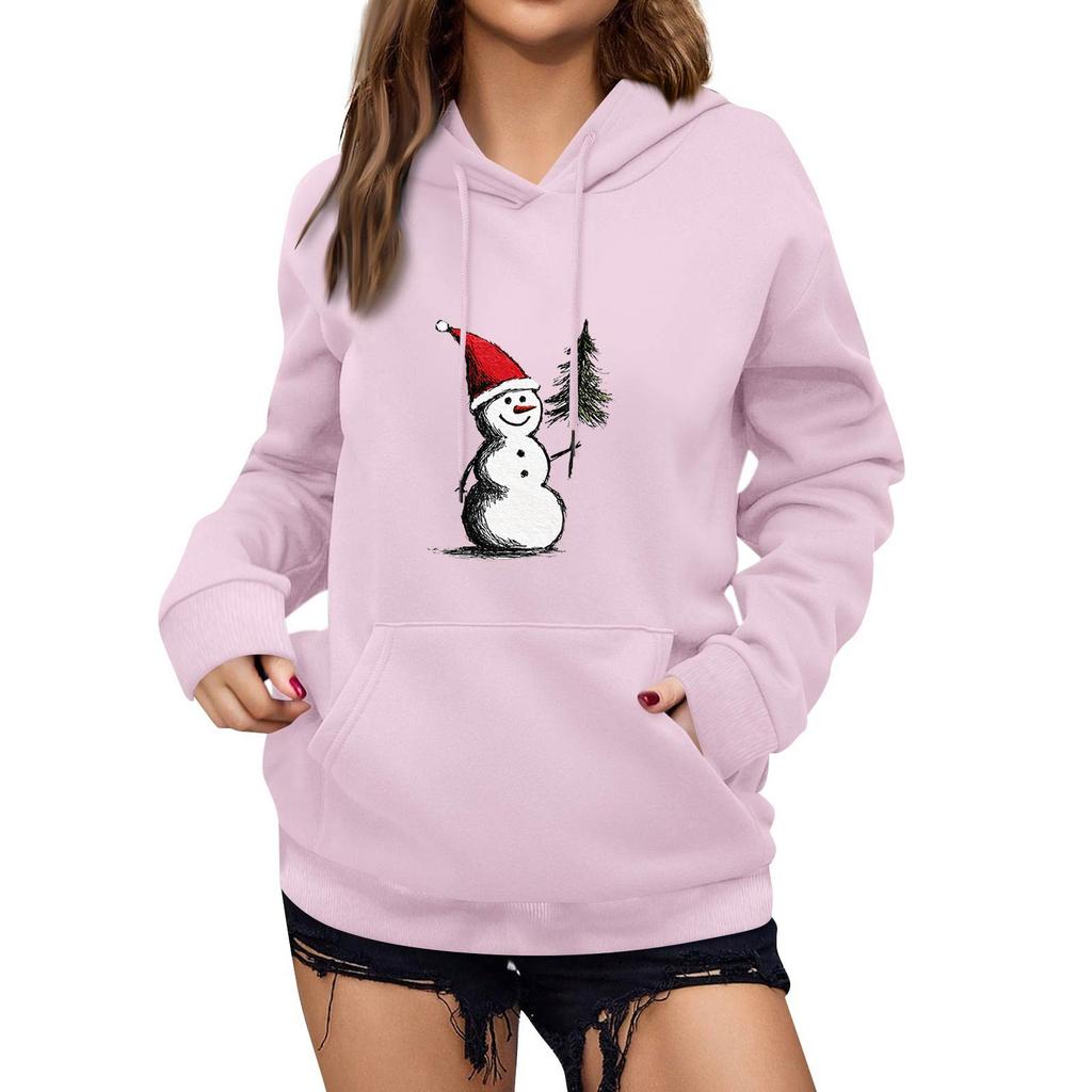 Women's Winter Christmas Printed Pullover Hooded Sweatshirt Fleece Long Sleeve Sweatshirt