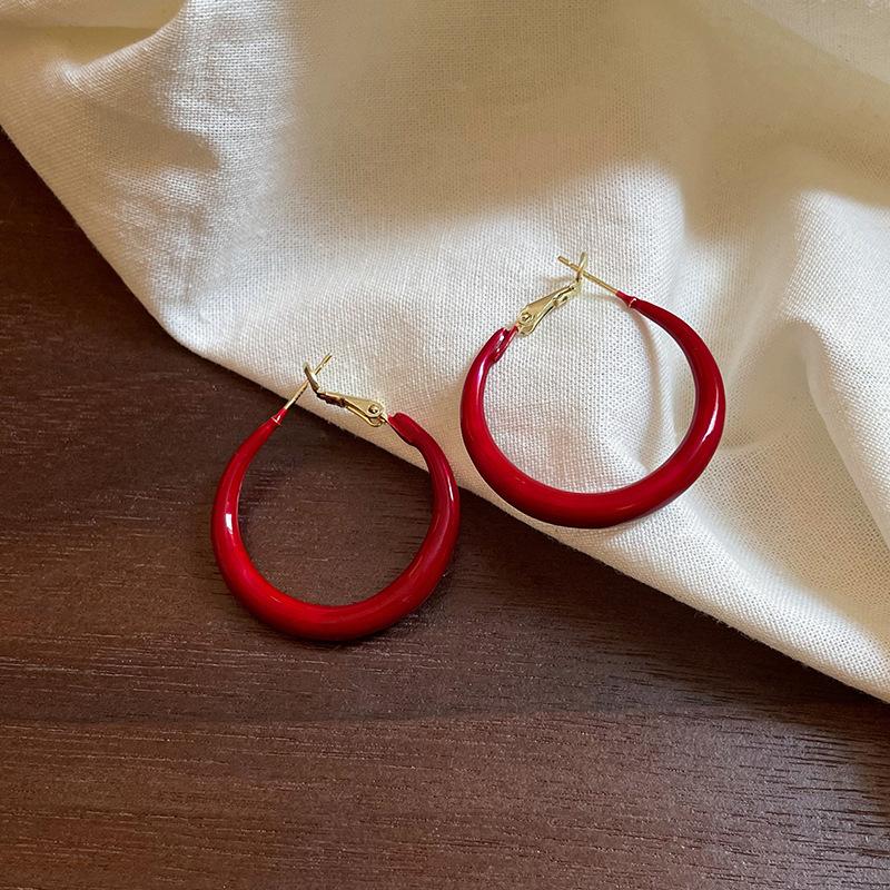 Retro Wine Red Lacquered Hoop Earrings for Women