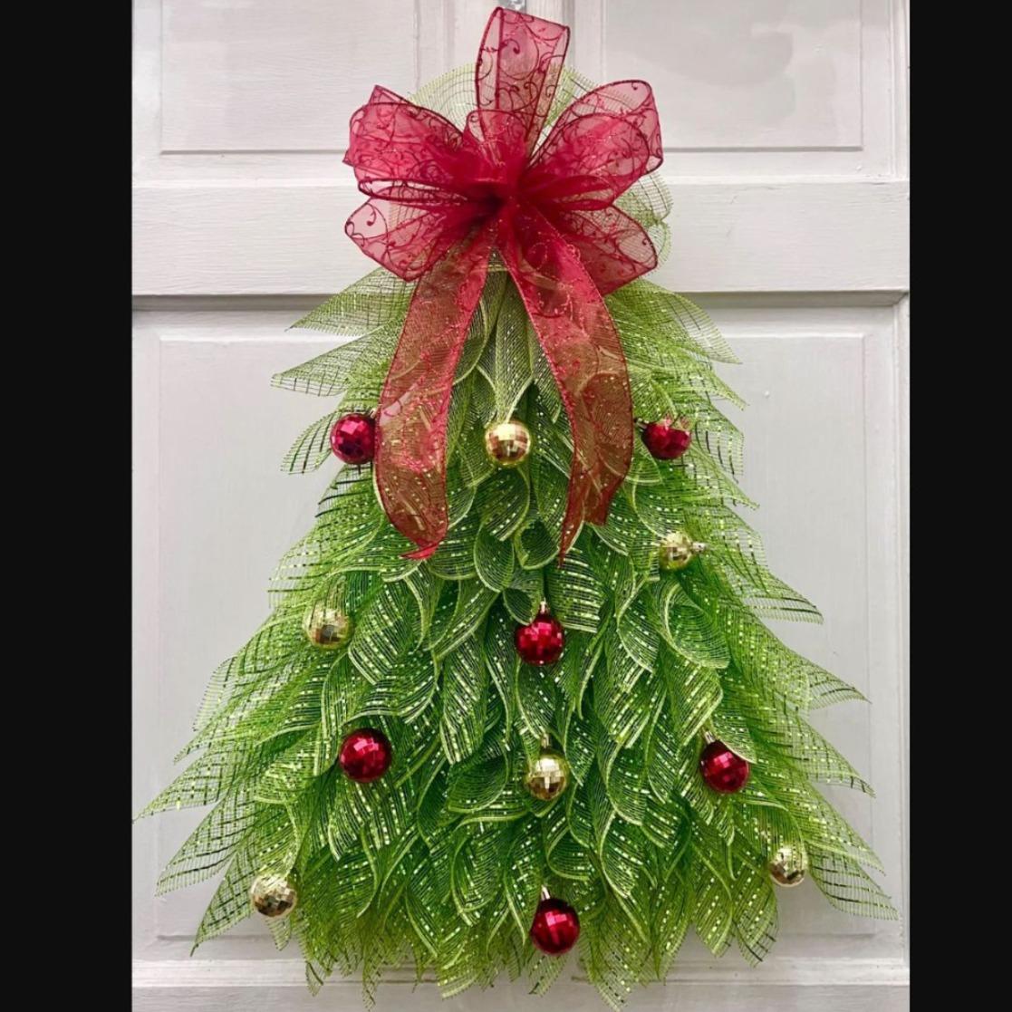 

Christmas Wreath - Elegant Door Hanging Decoration with Red Ribbon,Greenery & Golden Balls,Easy Hang with Loop for Holiday Decor