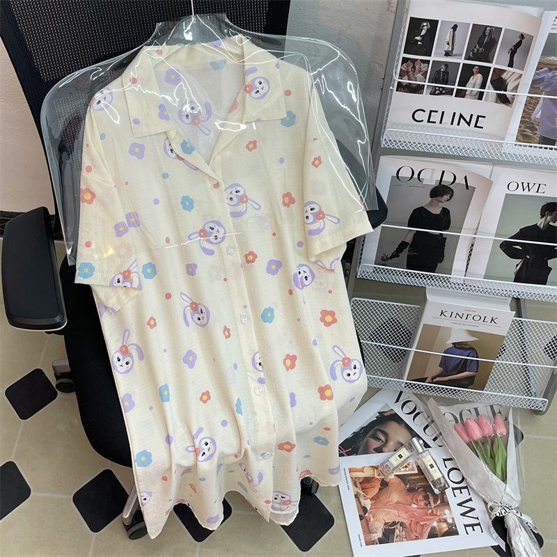 Xingdailu Cartoon Pattern Cardigan Loose Short Sleeve Summer Cute Cartoon Bubble Wrinkle Spring And Summer Loungewear 2XL