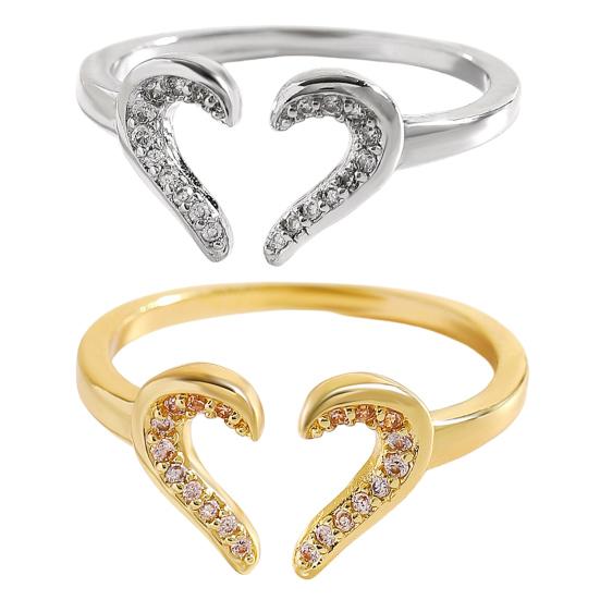 Women Ring Adjustable Open Heart Shape Finger Ring with Cubic Zirconia Semi-Inlaid Design Formal Wear Jewelry Gift
