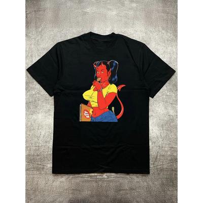 Men's Heat Transfer Print Cotton Round Neck Short Sleeve T-Shirt - Stylish Demon Character Design, Black 200g