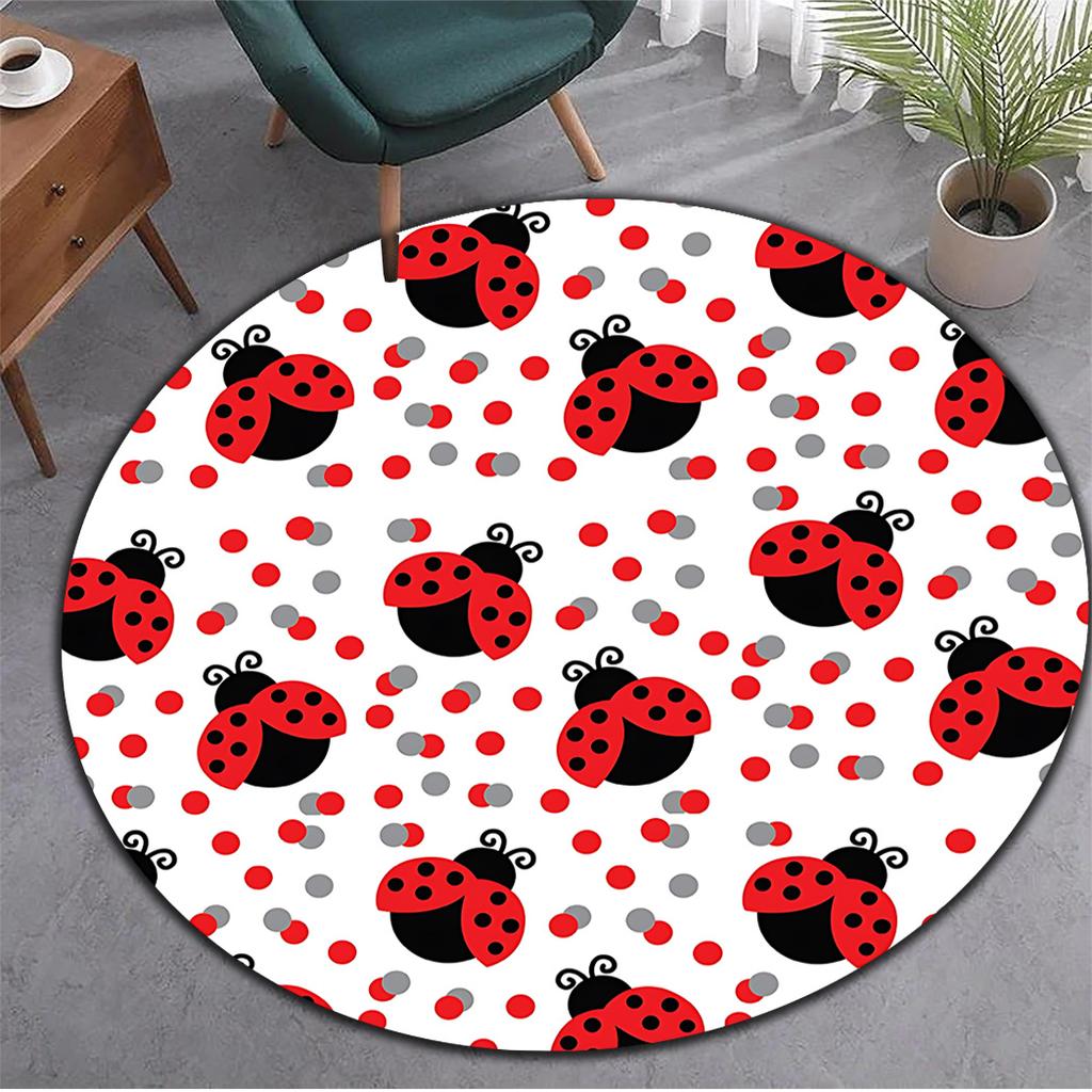 Ladybug Polka Dot Round Rug Flannel Kids Playroom Carpet Red Black White Dots Pattern Soft Non Slip Childrens Room Decor Easy