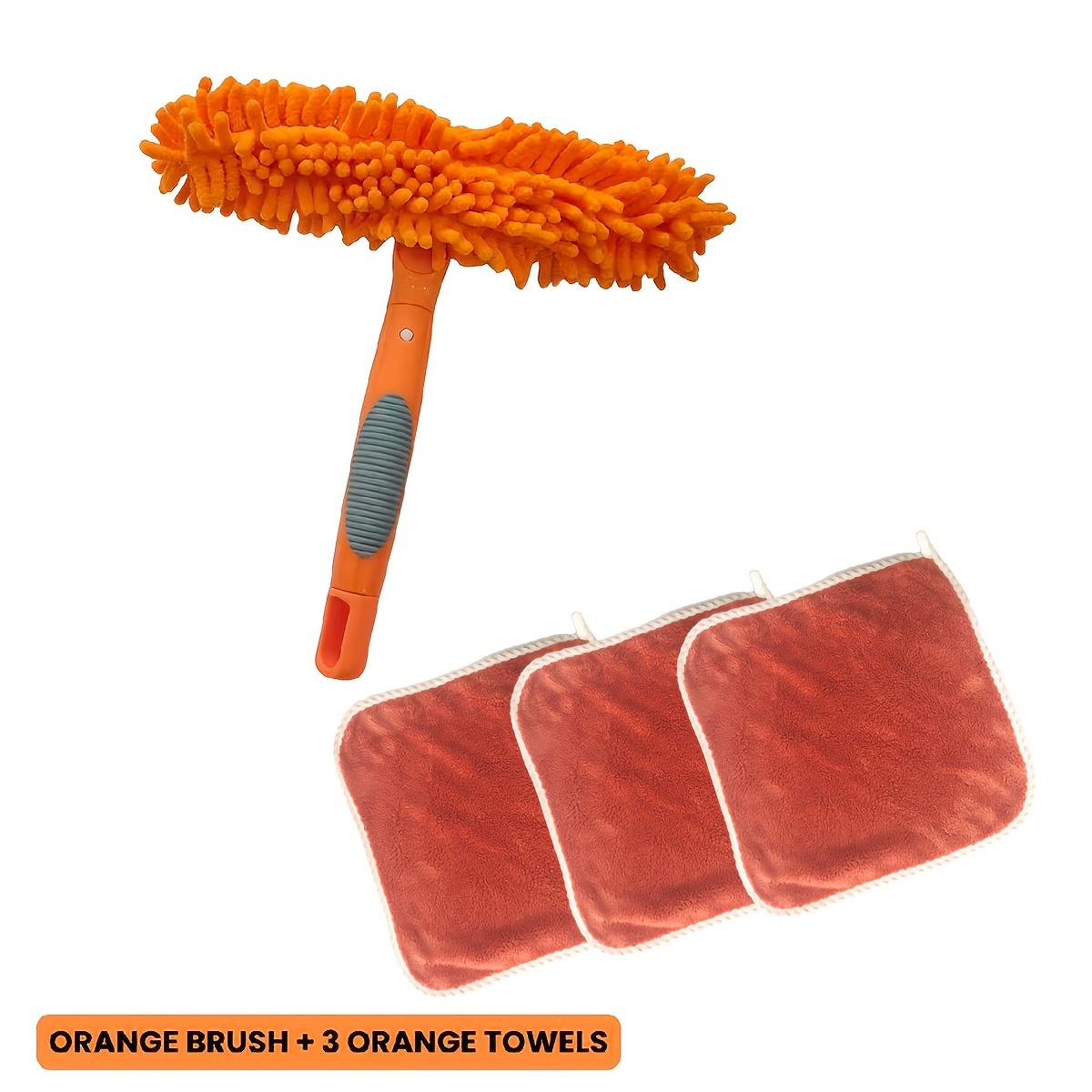 

4pcs Car & Home Cleaning Kit: 2-in-1 Dual-Sided Brush (Chenille +) + 3 Absorbent Towels - Scratch-Safe for Glass, Tiles, Auto Surfaces, Streak-Free 4pcs помаранчевий