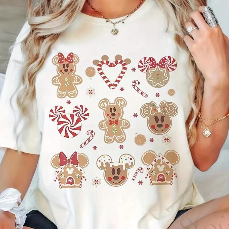 

Mickey Minnie Mouse Gingerbread Christmas Tshirt Soft Round Neck and Short Sleeves Can Be Machine Washed S