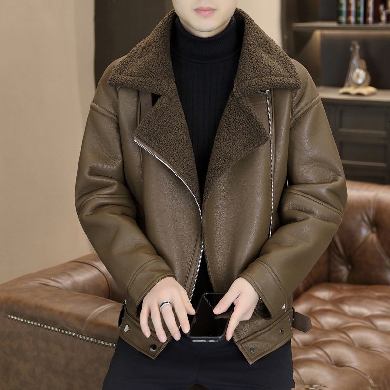 

Цельная флисовая куртка мужская зимняя с отворотом из овечьей шерсти с утолщенным флисом мотоциклетная ветрозащитная кожаная куртка 3XL кофейный