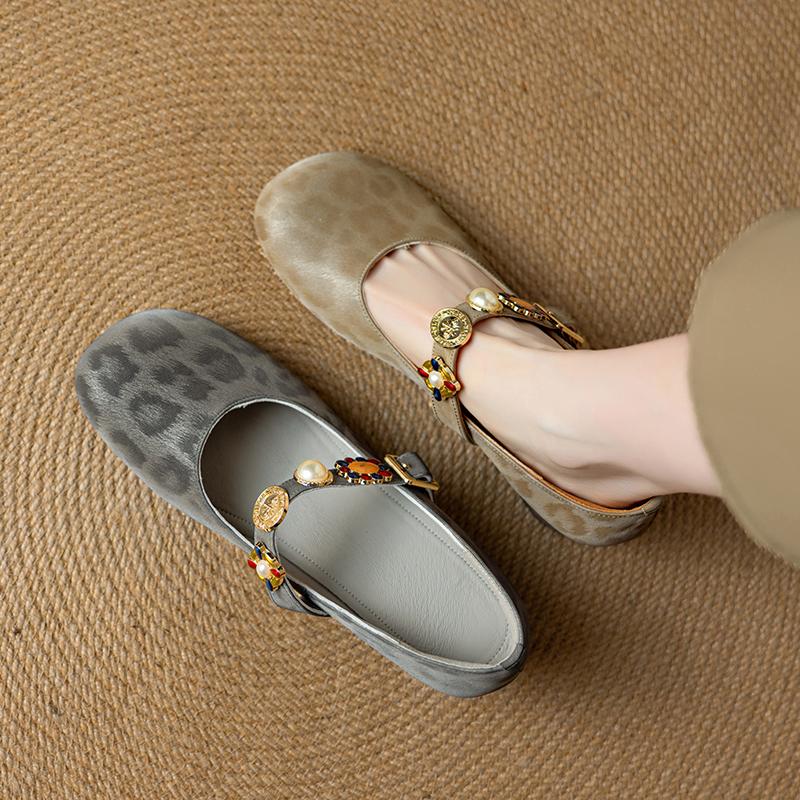 Krazing Pot Stain Sheep Skin Summer Size 40 Mary Janes Low Heels Gray Color Leopard Prints Round Toe Elegant Shallow Pumps