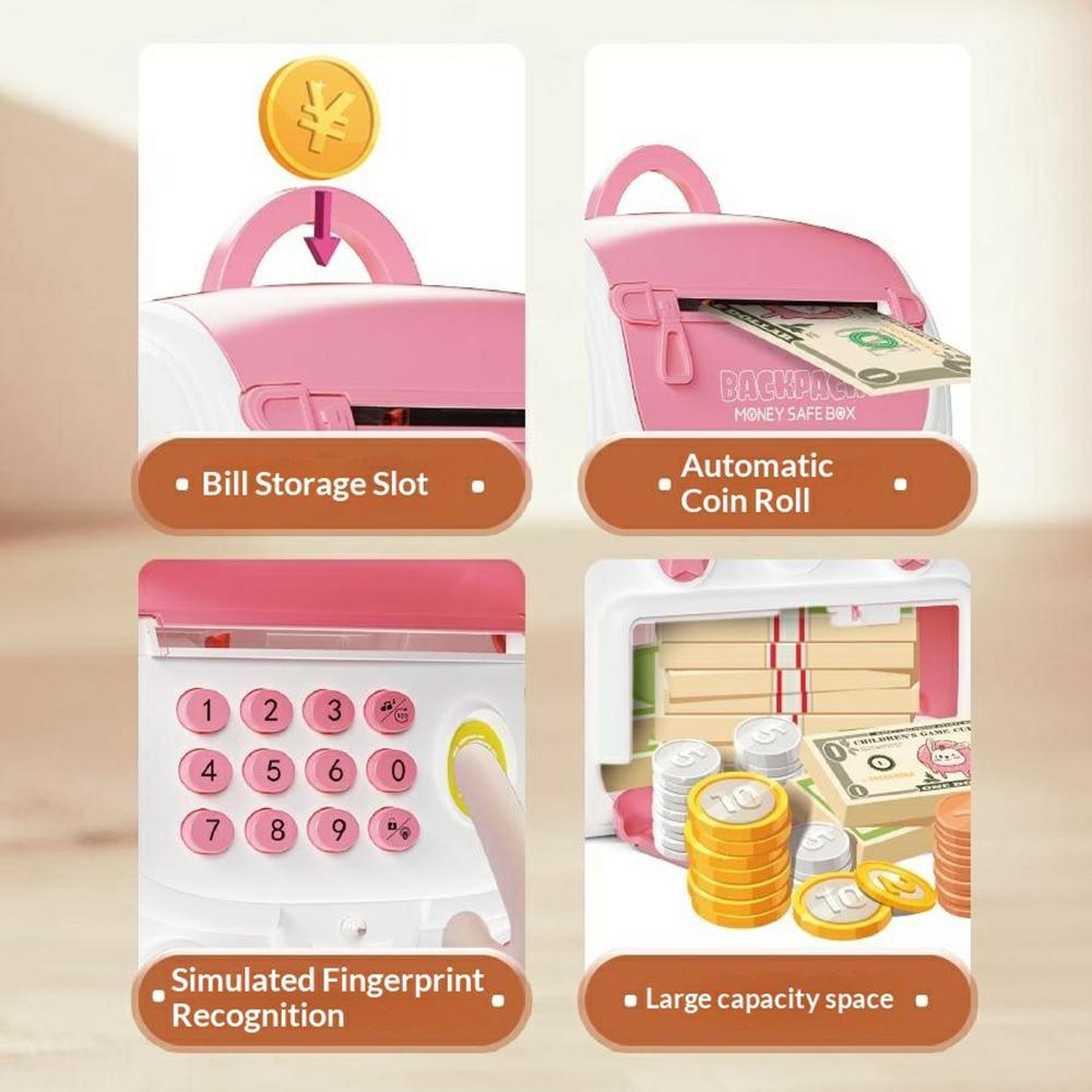 23529A/B Kids Backpack Piggy Bank Toy Auto-Roll Money Fingerprint ATM Musical Savings Box Gift with Password Lock for Children