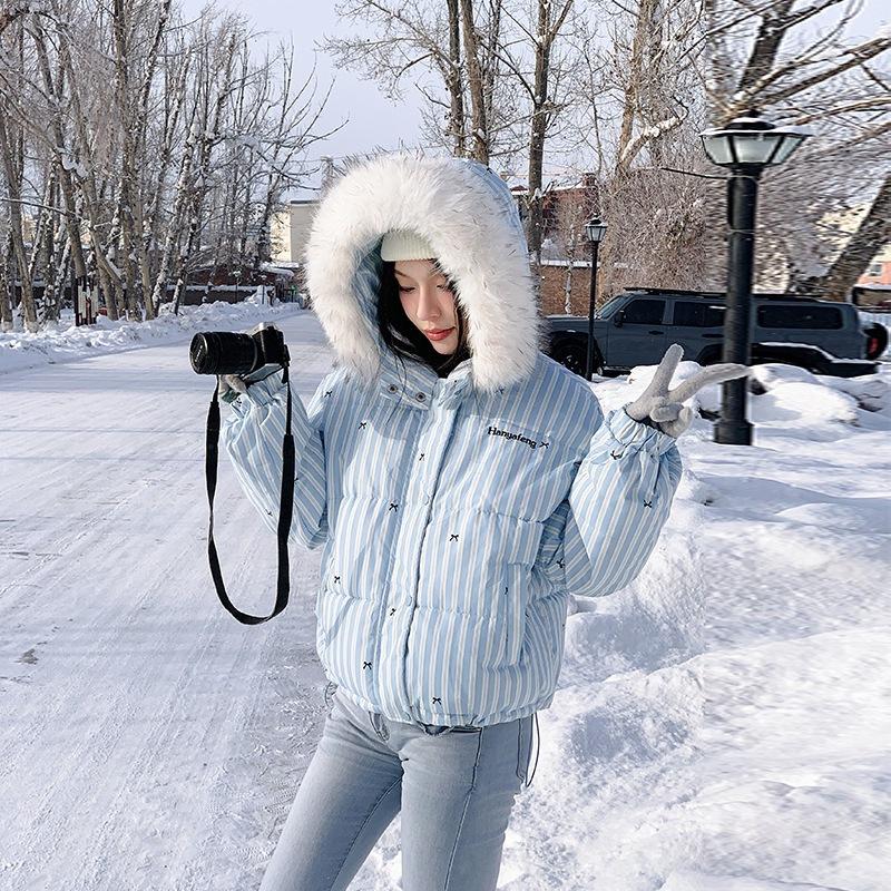 Y2K Womens Winter Clothes Warm Trench Coat Bow Fashion Simple Stripe Plush Sportswear Retro Sweet Loose Short Jacket