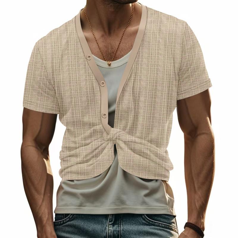 Mens V Neck Short Sleeve Solid Color Button Front Casual Summer T Shirt