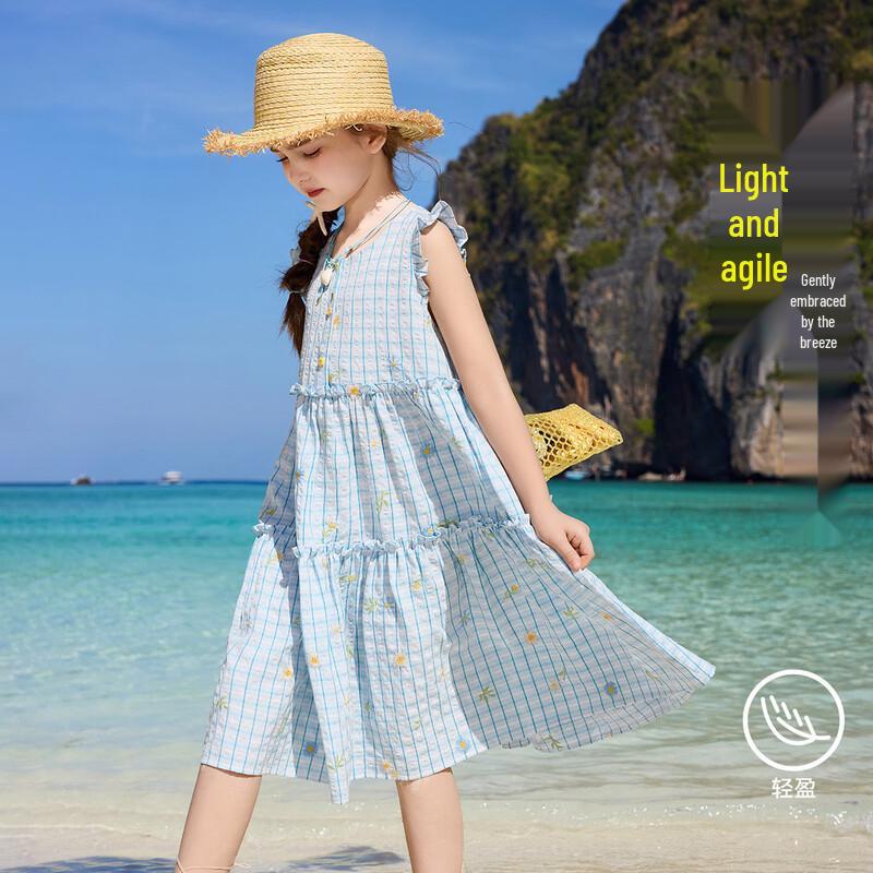 ASK JUNIOR Girls' 2026 Summer Plaid Sleeveless Princess Dress
