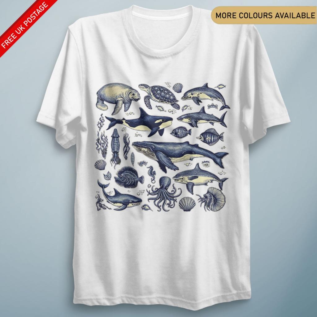 Marine Creatures Sea Life TShirt Dolphin Whale Ocean Animal Lover Tee
